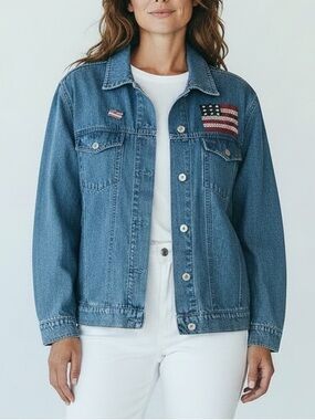 Denim&Co Jean Jacket With Embroidered Flag On Front and Back, And A Flag Pin